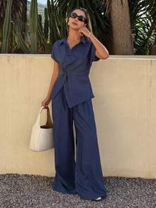 DAZY Women's Collared Short Sleeve Twist Knot Loose Shirt And Wide Leg Jeans Casual 2-Piece Set - Medium Wash - View 5