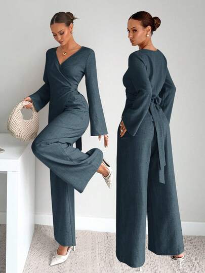 Siren Gaze Elegant Dusty Blue V Neck Wrap Regular Sleeve Blouse And Full Length Plain Woven Fabric Pants Two-Piece Outfit For Women