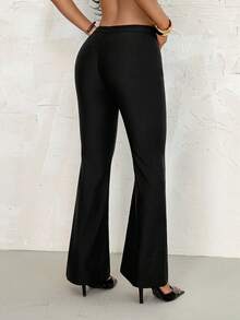 SHEIN PETITE Sexy Summer Business Office Casual Solid Flare Leg Pants - Black - View 2