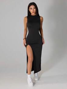 SHEIN PETITE Đầm xẻ tà thanh lịch, thoải mái dành cho nữ, nhẹ nhàng, thích hợp cho mùa hè. - màu đen - Xem 5