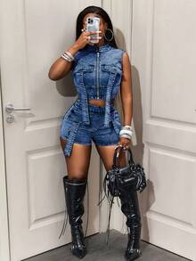 Jeanoix Petite Y2K 女士夏季休闲修身牛仔短裤 - 深色水洗藍 - 查看 4