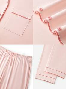 LUVLETTE 大码柔软纯棉撞色滚边基础款纽扣上衣和裤子家居服睡衣套装，适合身材丰满的女性。 - 粉色 - 查看 3