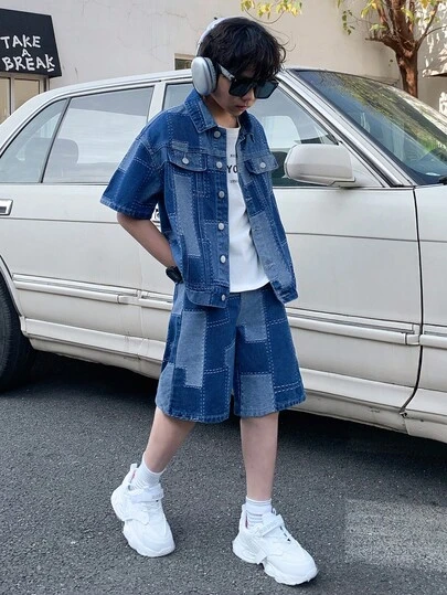 2Pcs Tween Boy Fashion Casual Y2k Vintage Cool Street Returns To School College Basic And Simple Autumn And Winter Texture Design Sense Blue Denim Loose Short-Sleeved Shirt And Basic And Simple Comfortable Straight-Leg Shorts Jeans 2-Piece Set For Kids Clothes Tween Boy Soft Dailywear And Kids Winter And Fall Rave Outfits Festival And Outfits Streetwear School Clothes