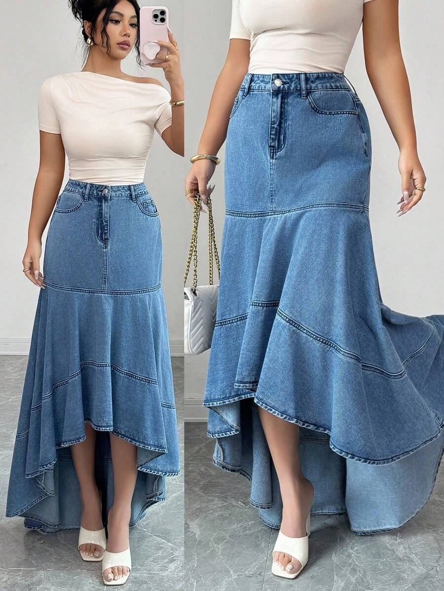 Elenzga 女士优雅高腰不对称鱼尾下摆牛仔裙 - 中等水洗藍 - 查看 1