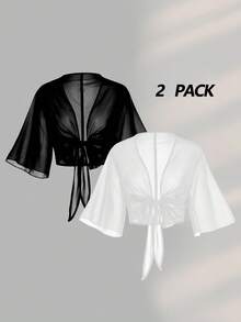 Franclia 一套女士加大码短袖V领雪纺衬衫，配蝴蝶结领带，优雅休闲开衫衬衫外套组合 - 黑與白 - 查看 1