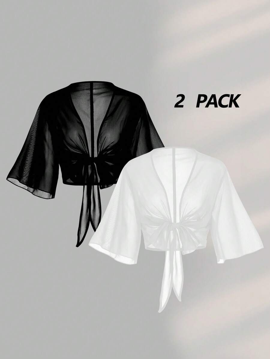 Franclia 一套女士加大码短袖V领雪纺衬衫，配蝴蝶结领带，优雅休闲开衫衬衫外套组合 - 黑與白 - 查看 1