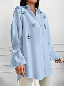 EURMUSE Cotton Pearls Beaded Knot Cuff Drop Shoulder Shirt Brunch Office Light Blue Autumn Smart Casual Elegant - Baby Blue - View 5