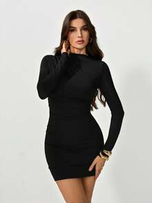 SHEIN Tall Vestido ajustado de unicolor simple con pliegues para mujer, vestido largo de manga larga sexy de otoño, vestido negro de manga larga - Negro - Ver 12