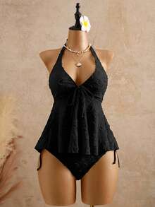 Bellisia Women's Relaxed Vacation Polka Dot Textured Fabric Camisole Bikini Top - Black - View 5