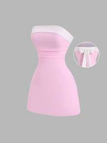 Sweetra Đầm ống ôm sát gợi cảm bằng nhung phối màu tương phản, thắt nơ, thích hợp cho nữ, phù hợp đi làm và mặc thường ngày, mùa xuân/thu. - Hồng - Xem 1