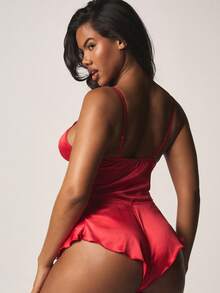 Missguided x Playboy 缎面系带镂空连体衣，荷叶边短裤睡衣家居服情人节贴身内衣 - 紅色 - 查看 3