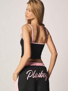 Missguided x Playboy Contrast Binding Cami Top With Bunny Logo Sleeveless Tank Top Summer Casual Cropped Camisole Y2K Spaghetti Strap Fitted Top - Black - View 3