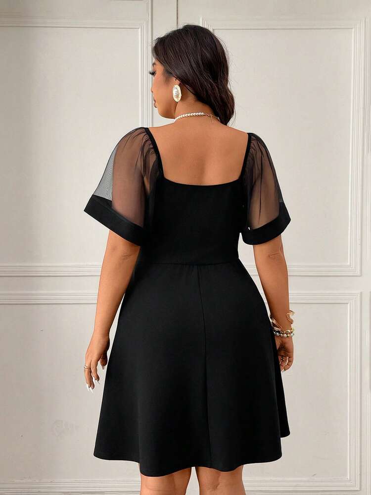 Femmeverse Vestido de línea A con parches de malla para mujer talla grande, estilizador y elegante - Negro - Añade 2