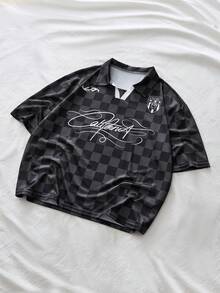 AXEPEAK Men's Letter & Plaid Print Casual Versatile Short Sleeve Polo Shirt - Black - View 7