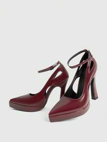 CUCCOO LuxiPop 女士尖头高跟防水厚底PU皮套脚鞋，时尚简约设计，舒适百搭，适合日常、派对和宴会穿着。 - 酒紅色 - 查看 3