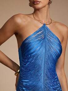 Hauture 女士流苏吊坠性感派对连衣裙，饰有金色金属装饰 - 藍色 - 查看 3