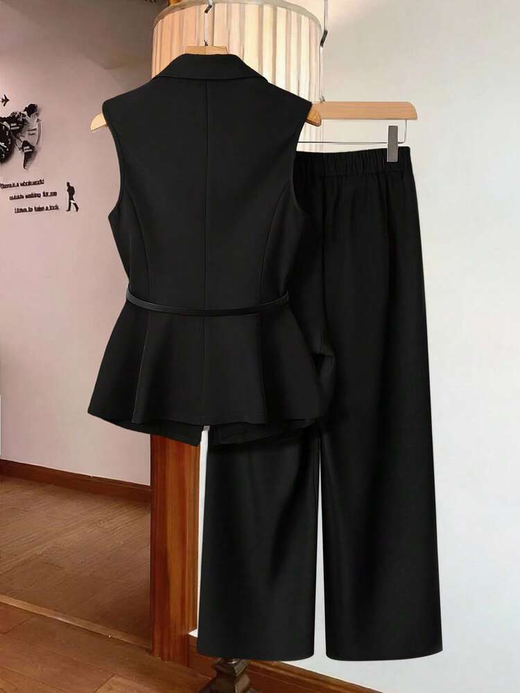 SHEIN Clasi Women's Plus Size Double-Breasted Suit With Decorative Bags, Peak Lapel, Sleeveless, Suitable For Commuting And Casual Wear, Belt Decoration, Summer Suit, Perfect For Everyday Outings - Black - View 2