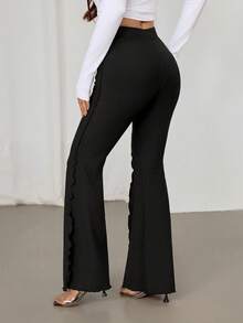 SHEIN PETITE Lettuce Trim Elastic Women's Flared Pants - Black - View 2