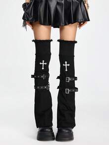 ROMWE 1 Pair Gothic Cross Print Rivet Strap Over-The-Knee Leg Warmers, Punk Rock Style Leg Warmers For Women, Suitable For Daily, School, Date, Party, Shopping And Other Occasions - Black - View 3