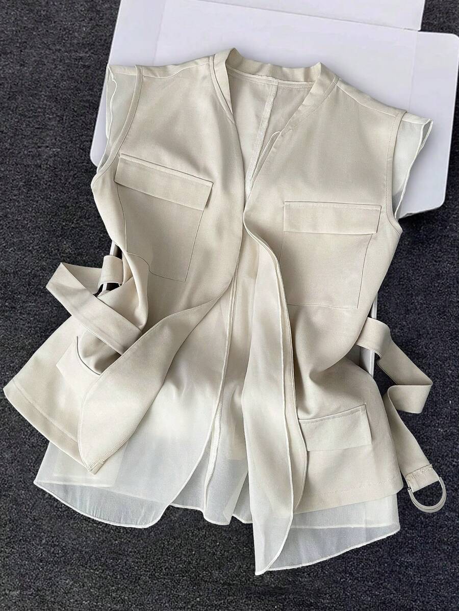 GlowEve 2026 Spring/Summer Elegant Unique Sheer Mesh Splice Thin Trench Coat, Suitable For Commuting - Apricot - View 1