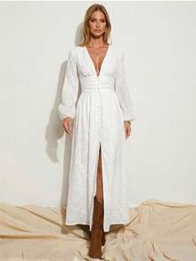 COSMINA 白色刺绣灯笼袖V领腰部褶皱开衩下摆连衣裙，波西米亚风度假连衣裙，优雅休闲浪漫度假连衣裙 - 白色 - 查看 5