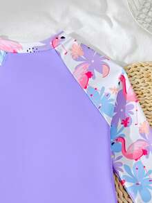 SHEIN 少女碎花拉链长袖连体泳衣，夏季海滩度假 - 紫色 - 查看 4