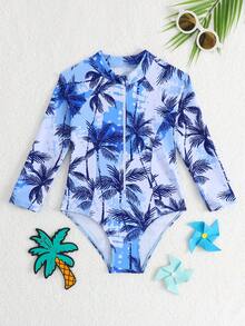 Sparklyn Young Girl Summer Vacation Beach Coconut Tree Print Zipper Half-Open One-Piece Swimsuit - Baby Blue - View 3