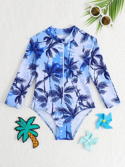 SHEIN Traje de baño de una pieza con cierre y estampado de árbol de coco para niñas en vacaciones de verano