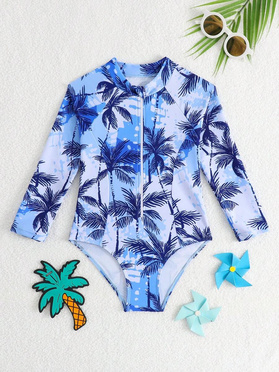 SHEIN Áo tắm liền thân nửa mở khóa kéo in hình cây dừa, thích hợp cho bé gái đi nghỉ hè trên bãi biển. - Màu xanh nhạt - Xem 1