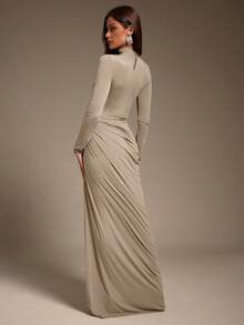 Hauture Vestido largo de manga larga con cuello alto, fruncido y asimétrico de jersey elástico y ajustado para mujer - Albaricoque - Ver 2