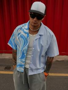DAZY Men's Patchwork Contrast Color Digital Print & Solid Color Blue Shirt, Summer - Blue - View 1