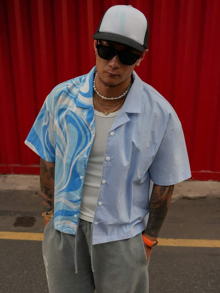 Men's Patchwork Contrast Color Digital Print & Solid Color Blue Shirt, Summer