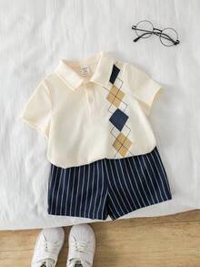 SHEIN 2件套幼儿男童休闲可爱条纹印花短袖polo衫和条纹短裤套装，春夏男婴服装套装 - 藏藍色 - 查看 4