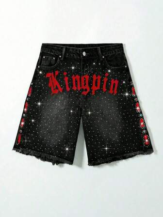 Street Life Short en jean décontracté pour hommes avec imprimé lettre strass et ourlet effiloché