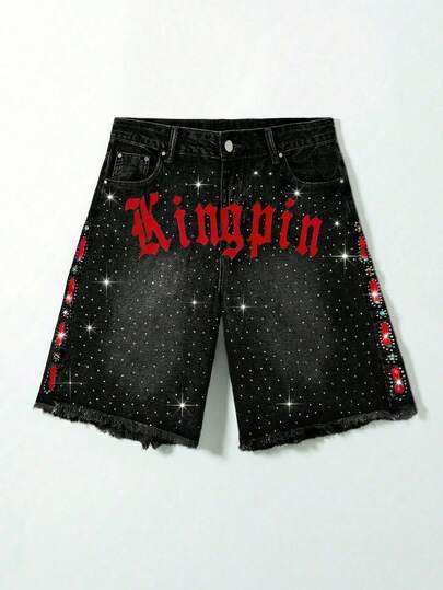 Street Life Men's Pocket Rhinestone Letter Print Frayed Hem Casual Denim Shorts