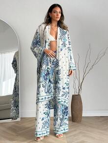 EURMUSE 女士蓝色印花开襟长袍两件套——和服式开衫和阔腿裤，简约波西米亚风居家服，夏季度假装 - 藍白色 - 查看 2