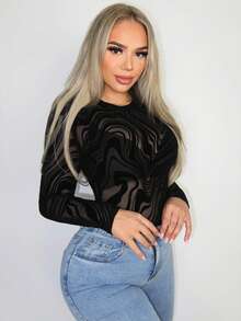 SHEIN PETITE Sexy Sheer Geometric Striped Mesh Flocked Fabric Bodysuit For Women, Spring/Summer - Black - View 5