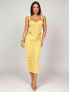 Silquee 女士全黑百搭紧身拼接蕾丝文胸上衣，弧形下摆花卉蕾丝束身胸衣，适合春假、海滩度假、夜生活、闺蜜聚会、沙滩派对、泳池派对、假日、休闲派对、小屋度假、日常穿着 - 黃色 - 查看 4