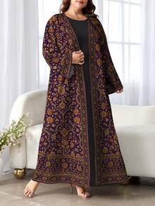 SHEIN Najma Plus Size Women's Floral Digital Print Casual Long Sleeve Arabic Style Abaya Cardigan Outerwear, Spring/Autumn, Modest Dress For Women Open Abaya For Women, Turkish Dress - Multicolor - View 3