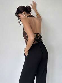 Firerie 女士休闲优雅通勤金色缎面露背高领吊带衫/新年造型/性感上衣/闪亮上衣/派对上衣/复古富贵风上衣/金色上衣 - 棕色 - 查看 2