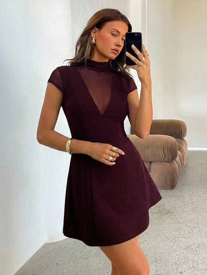 Aloruh Elegante A-lijn mini-jurk voor dames met col, aansluitende pasvorm en transparante taille, bordeauxrood, geschikt voor feestjes, bijeenkomsten, dates, uitgaan, als gastjurk voor bruiloften, verjaardagsjurk, herfst, elegante jurk