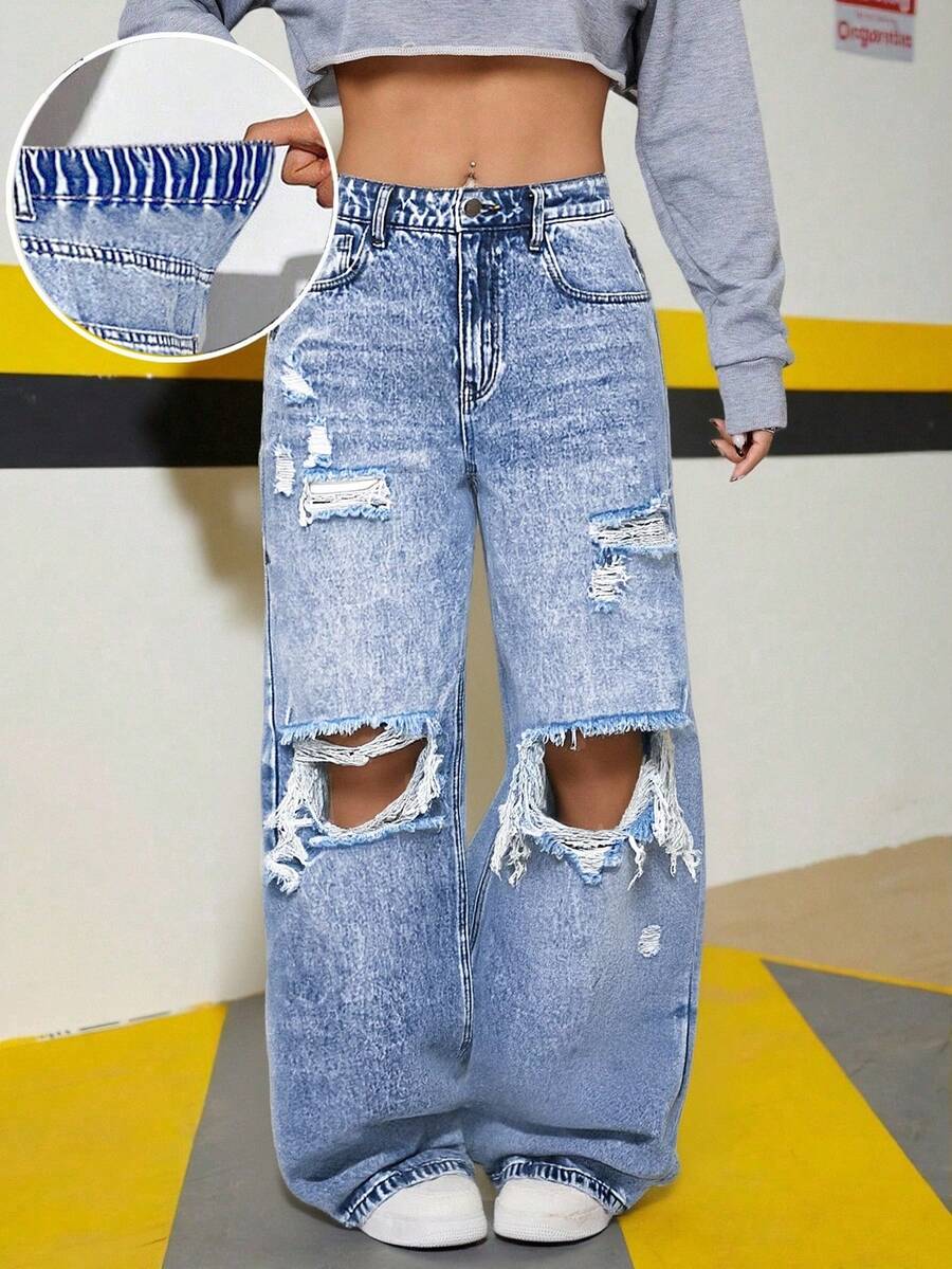 SHEIN Teen Girl Spring Summer Light Washed Blue Distressed Loose Low Waist Baggy Straight Jeans,Casual Baggy Boyfriend Jeans,Basic Simple Denim Loose Jeans,Dailywear Spring And Summer Rave Festival And Streetwear - Light Wash - View 1