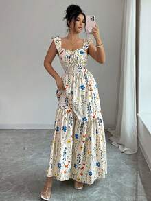 SHEIN Elenzya 女士方领蝴蝶袖连衣裙，时尚印花，露背腰带设计显瘦，优雅度假风，适合夏季日常、通勤、约会、晚餐等场合，百搭连衣裙 - 彩色 - 查看 4