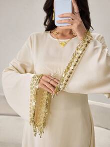 Yasmyna Women's Apricot Silk Blend Satin Long Sleeve Fringe Trim Cinched Waist A-Line Elegant Arabic Dress, Spring/Summer - Apricot - View 3