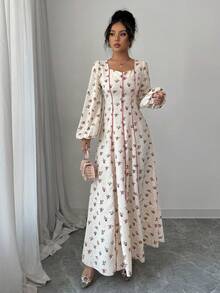 Al Najma 女士碎花甜心领灯笼袖优雅阿拉伯风格连衣裙 - 杏色 - 查看 5