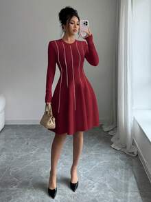 SHEIN Elenzya 秋冬韩版优雅撞色圆领长袖收腰短款泡泡袖连衣裙 - 紅色 - 查看 4