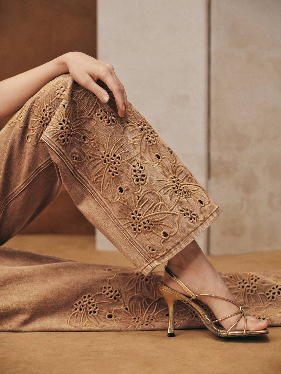 Anewsta Elaire Women's High Waist Fashion Embroidered Hollow Out Loose Wide Leg Jeans Pants, Suitable For Spring, Autumn, Party, Valentine's Day - Brown - View 1