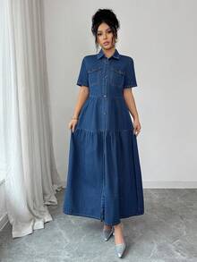 Elenzga Loose Retro Denim Dress For Women Summer Elegant - Medium Wash - View 3