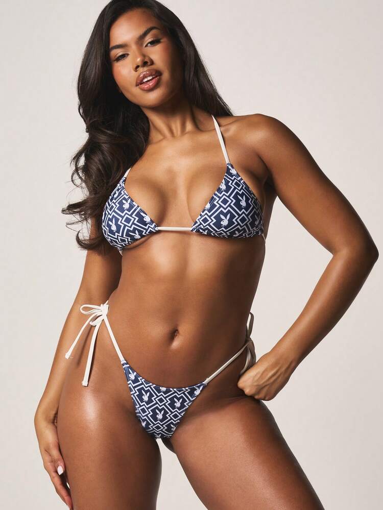 Missguided x Playboy Triangle Bikini Set With Geometric Print And Side Tie Bottoms Summer Swimwear Beach Vacation Halter Top Two Piece