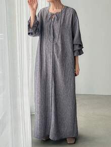 FRIFUL 女士纯色系带领单排扣休闲宽松日常约会外出长裙 - 藏蓝色 - 查看 7